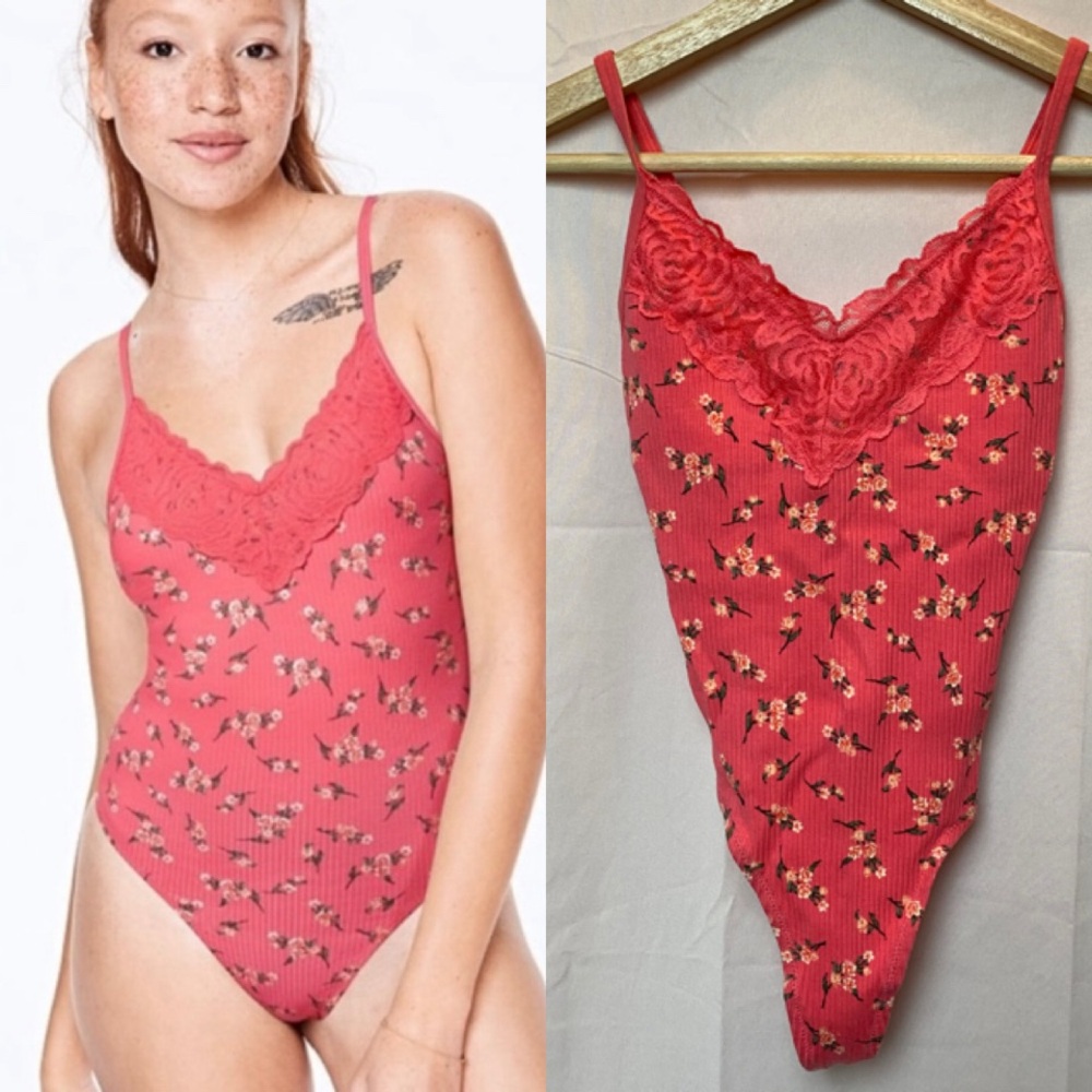 Victoria's Secret PINK Coral Pink Floral Ribbed Lace V Neck Bodysuit XS Thong